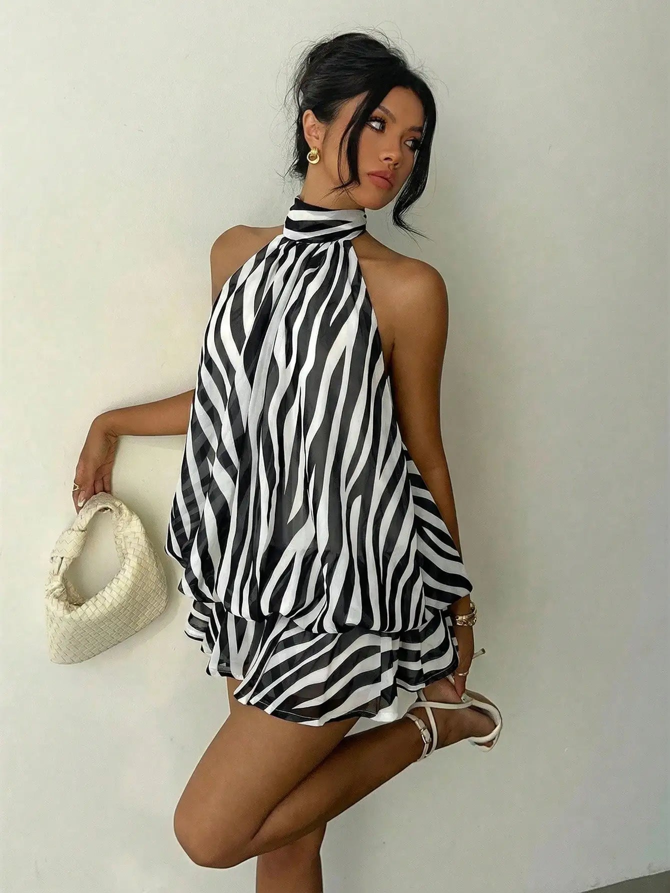 Ruched Halter Neck Tiered Mini Dress With Flowy A-Line Party Silhouette