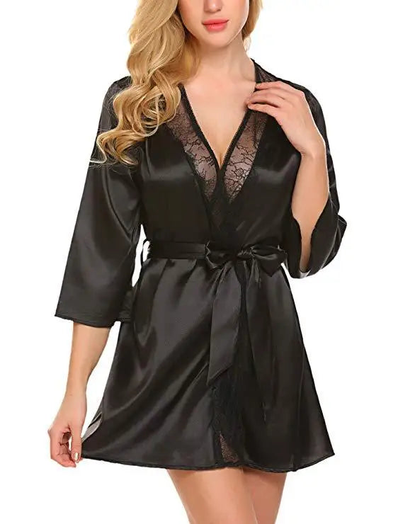 Sophisticated Satin-Finish Wrap Robe with Sheer Lace Lapel Paneling