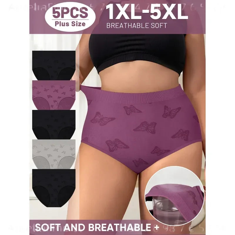 5-Piece Plus-Size Women’s Briefs Set with High-Rise Triangle Silhouette, Lace Texture and Assorted Soft Colors