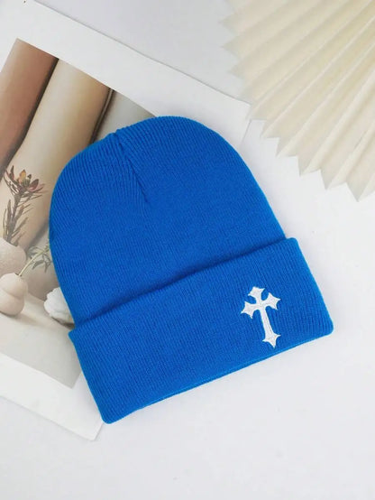 Minimalist Embroidered Cross Acrylic Knit Beanie for Modern Streetwear Winter Casual Fashion Style