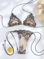 Pastel Lilac and Yellow Lace-Textured String Bikini with Beaded Accents