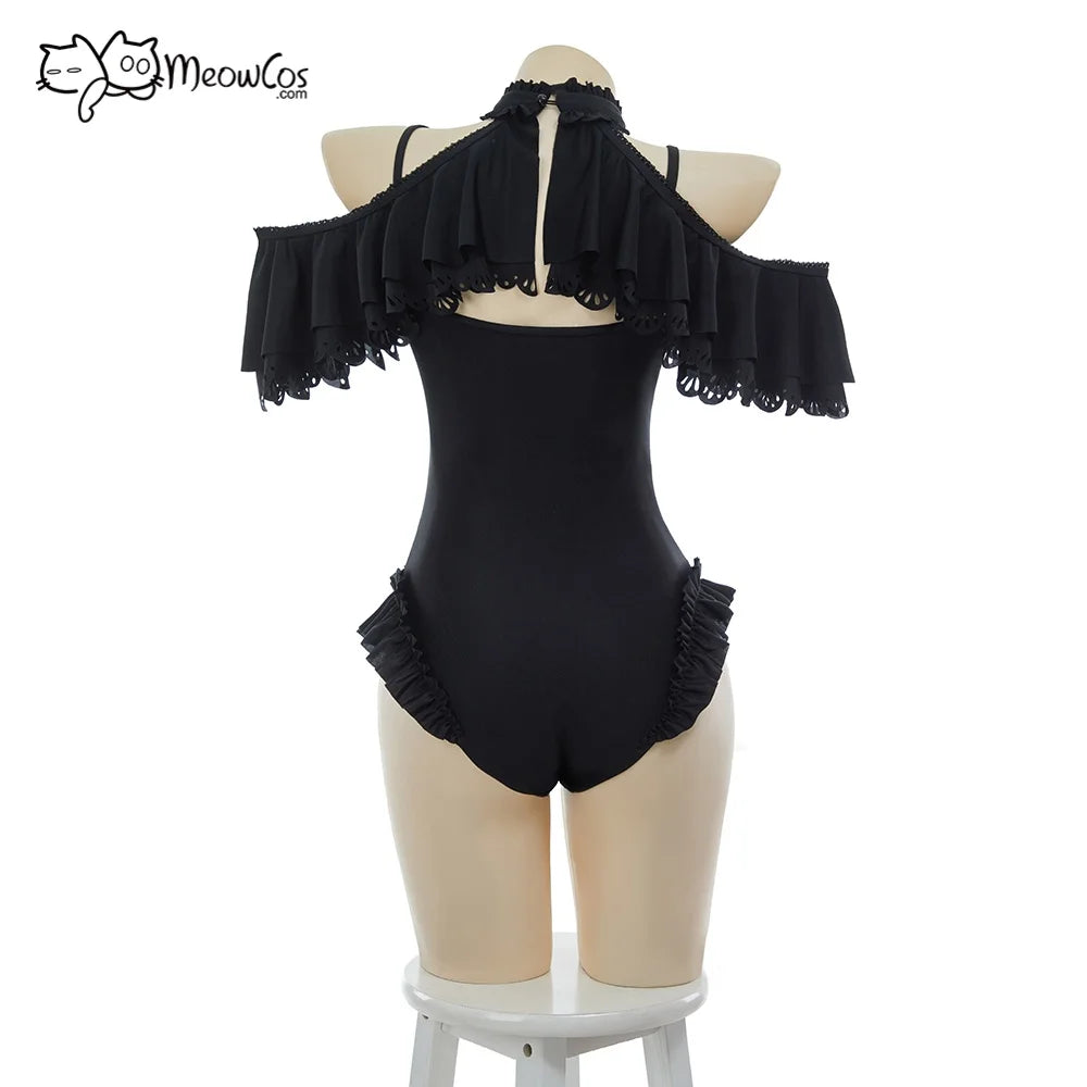 Women's Vintage Inspired Halter One Piece Swimsuit with Ruffle Neck Cover and Elegant Silhouette