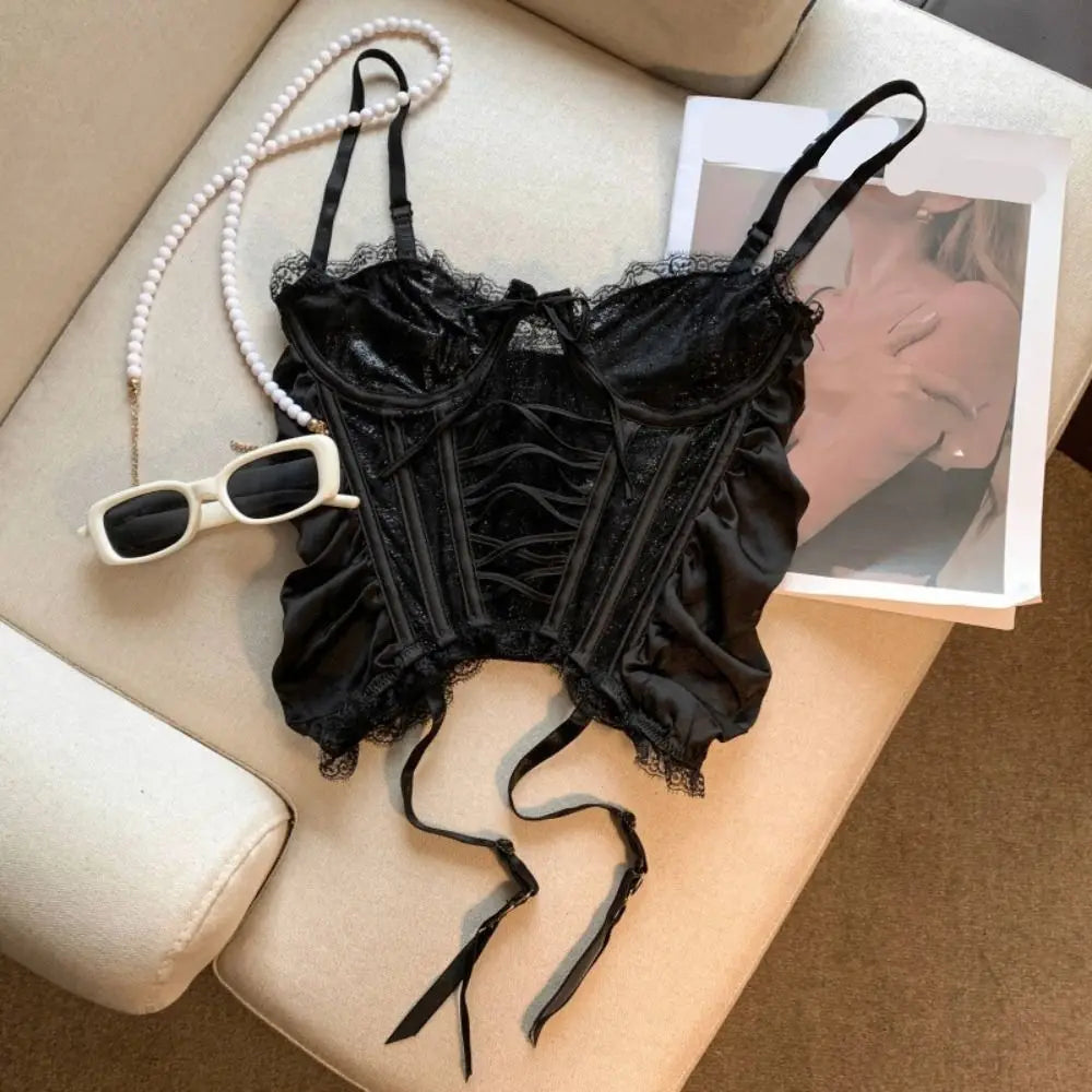Black Sheer Mesh Bustier with Sweetheart Lace Neckline and Suspender Straps