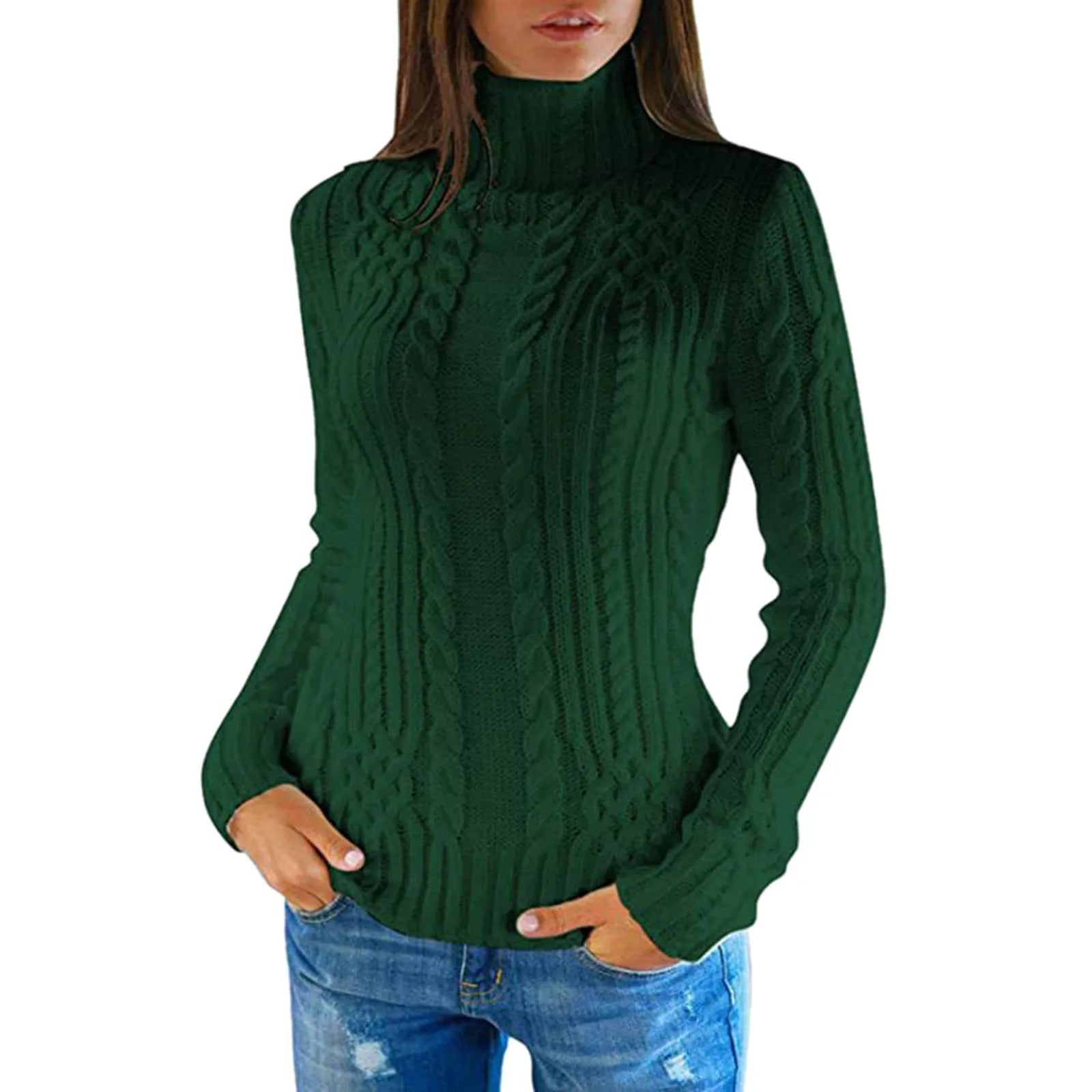 Women's Cable Knit Turtleneck Slim Fit Pullover Sweater With Textured Finish