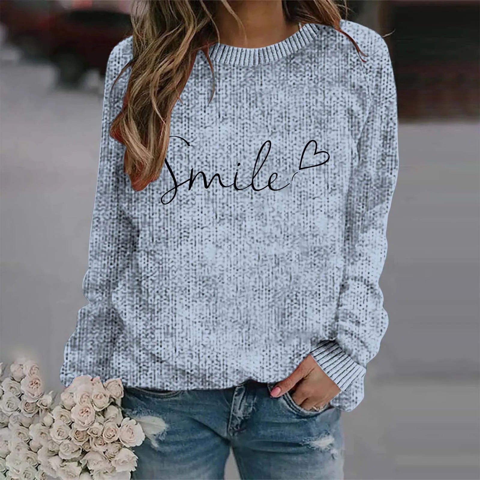 Women's Minimalist Script Graphic Crew Neck Relaxed Knit Pullover Sweater