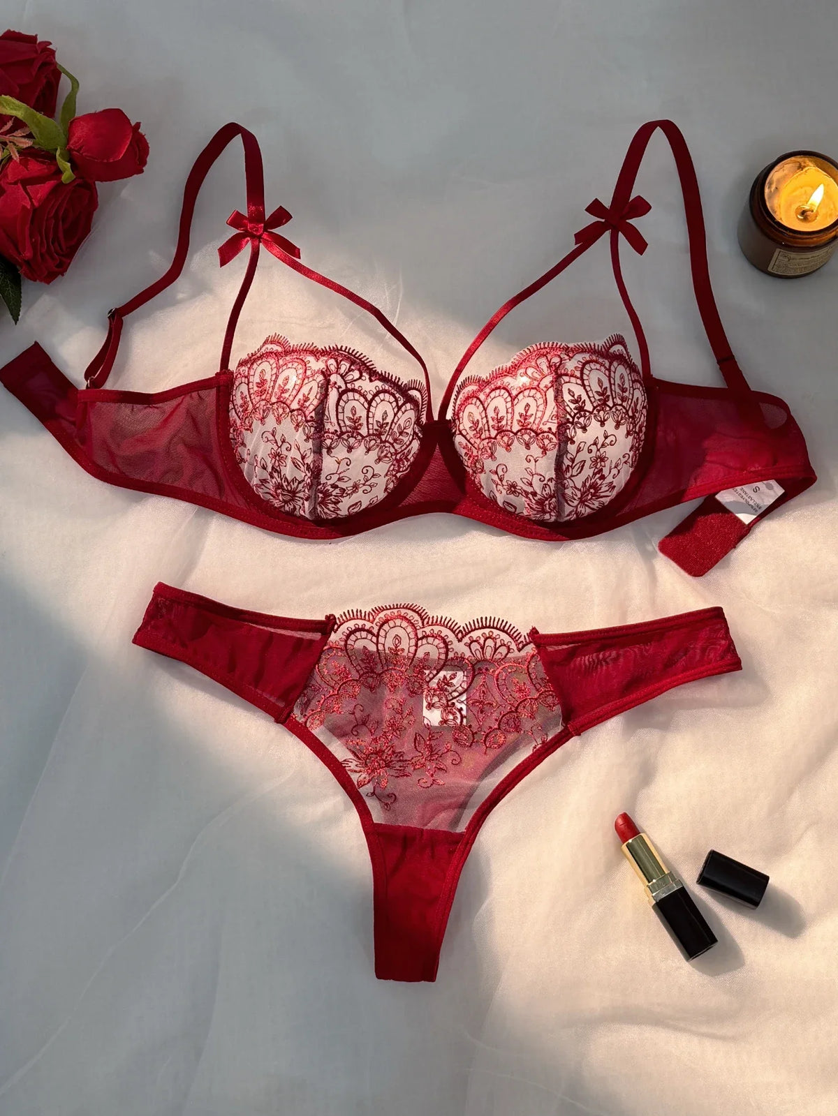 Sheer Embroidered Demi Bra and Strappy Cutout Thong Set with Bow-Accented Harness Details