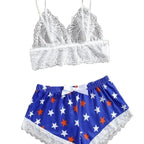 Playful Star Print Shorts and White Floral Lace Bralette Sleep Set
