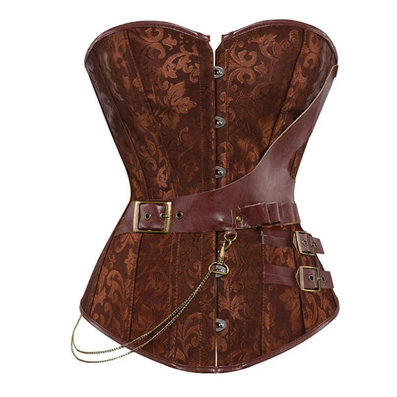 Steampunk Brown Jacquard Overbust Corset with Faux Leather Belt Detailing