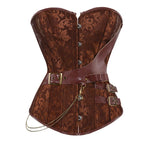 Steampunk Brown Jacquard Overbust Corset with Faux Leather Belt Detailing
