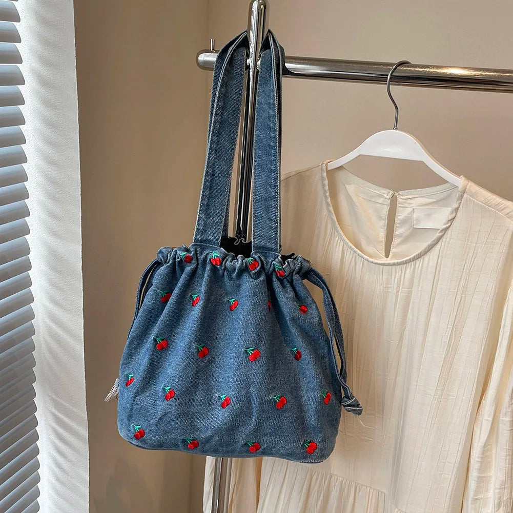 Denim Drawstring Hobo Tote Bag with Embroidered Detail Everyday Carry Design