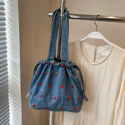 Denim Drawstring Hobo Tote Bag with Embroidered Detail Everyday Carry Design