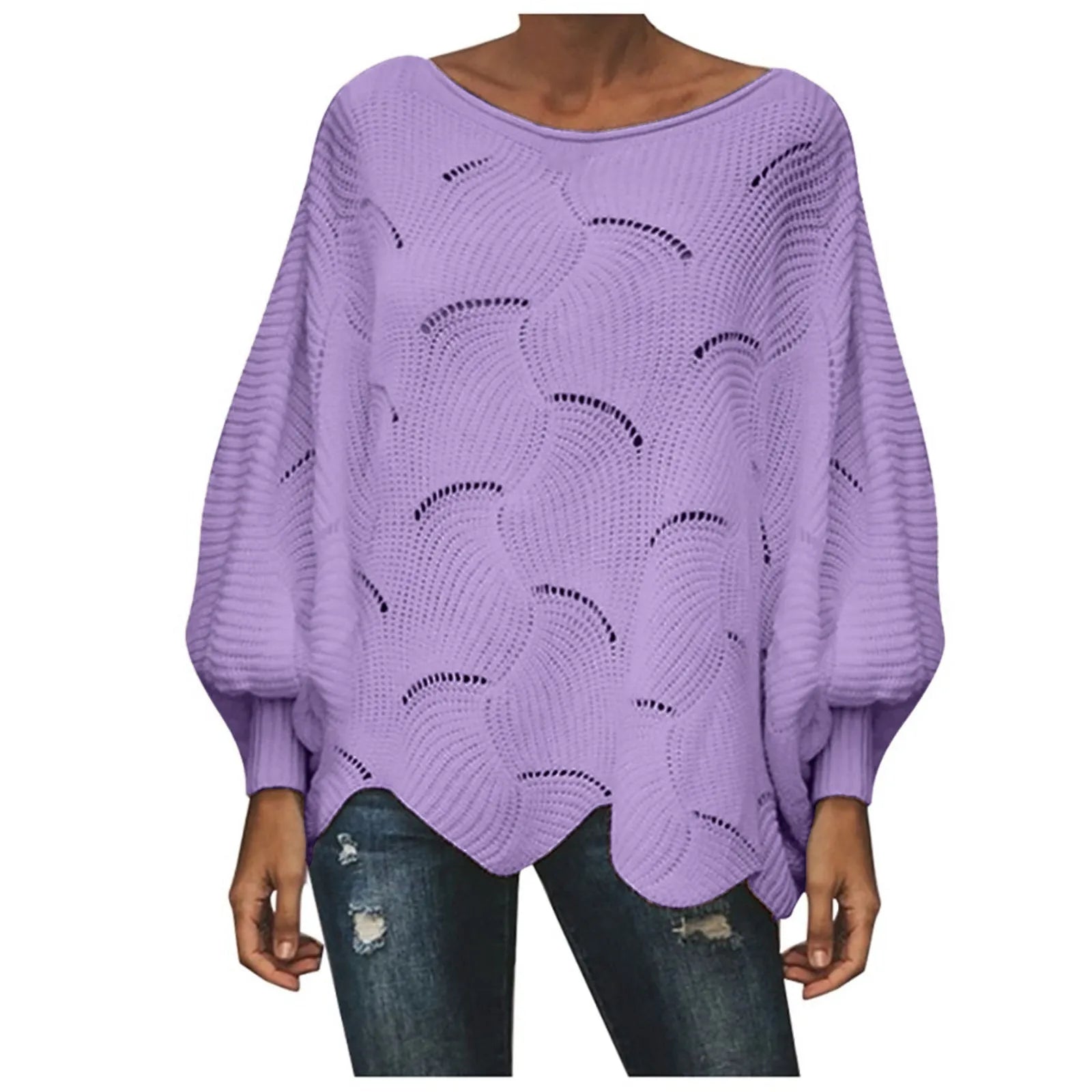 Women's Textured Knit Sweater with Cutout Pattern and Irregular Hem Design