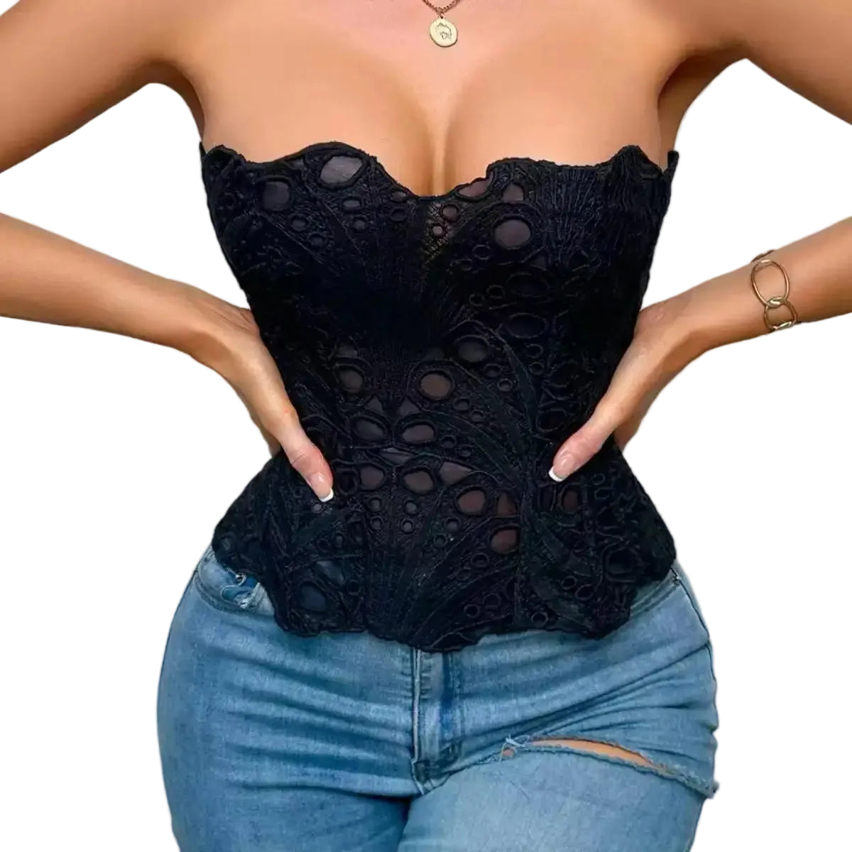 Black Sheer Lace Strapless Bustier Top with Scalloped Hem