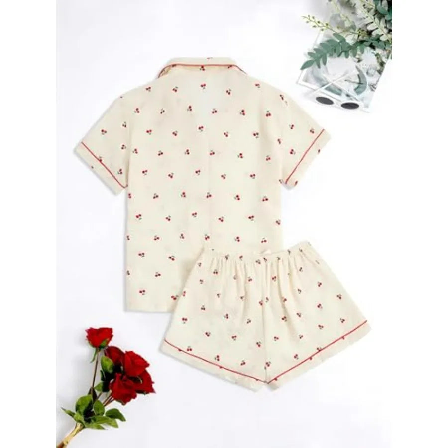 Women's Button Front Short Sleeve Pajama Set Relaxed Matching Lounge Sleepwear