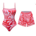 Vibrant Red Tropical Print Swimsuit and Matching Cover-Up Shorts Set