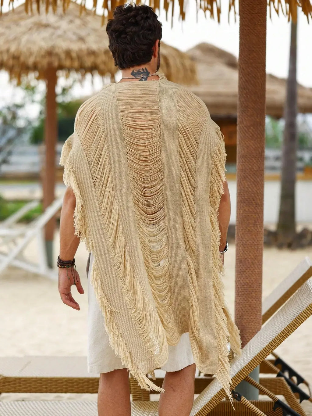 Men's Fringed Sleeveless Knit Cardigan with Oversized Boho Layering Silhouette