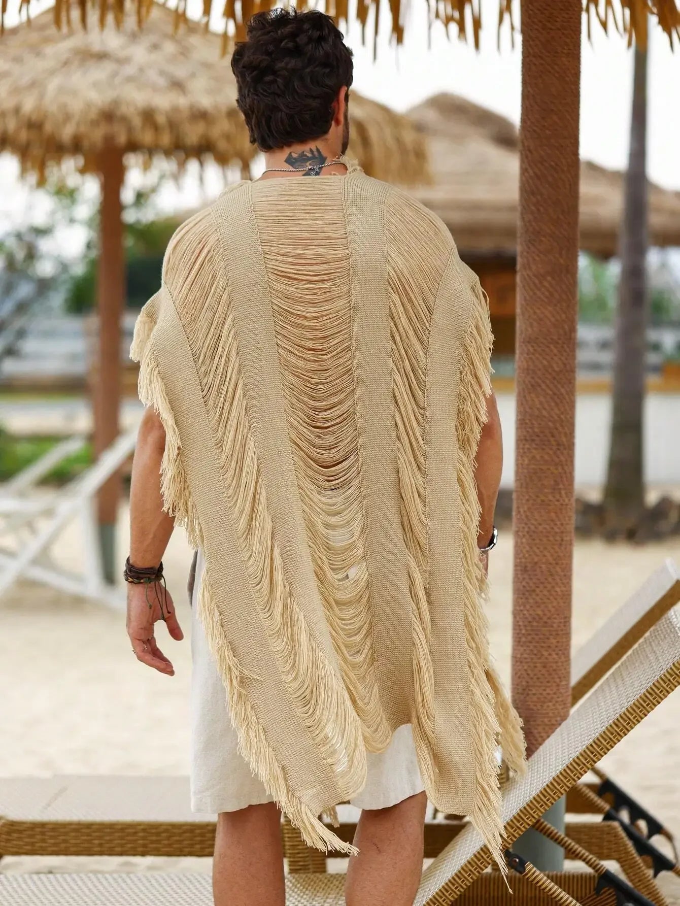 Men's Fringed Sleeveless Knit Cardigan with Oversized Boho Layering Silhouette
