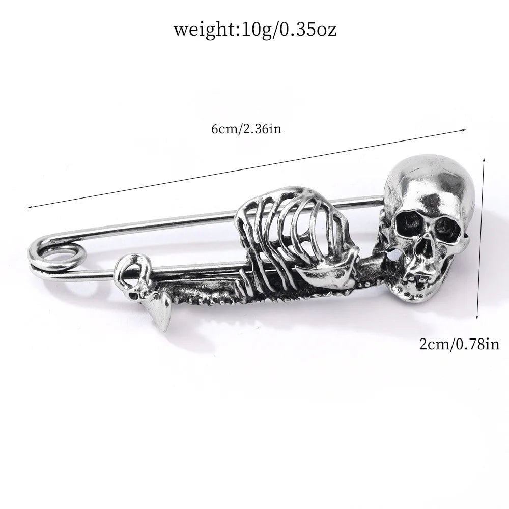 Dark Skull Safety Pin Brooch for Punk Gothic Alternative Fashion