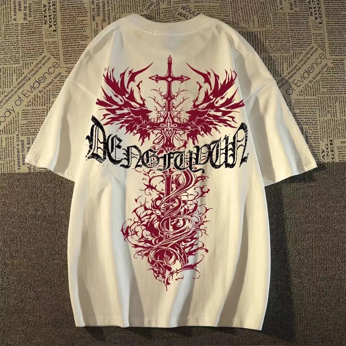 Oversized Gothic Cross Graphic Streetwear T-Shirt with Distressed Artwork Print