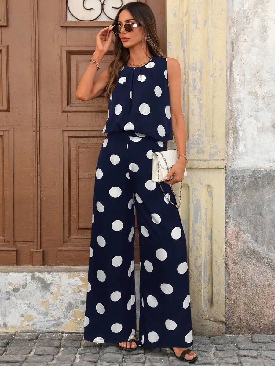 Women's Polka Dot Sleeveless Top and Wide Leg Pants Co-Ord Set