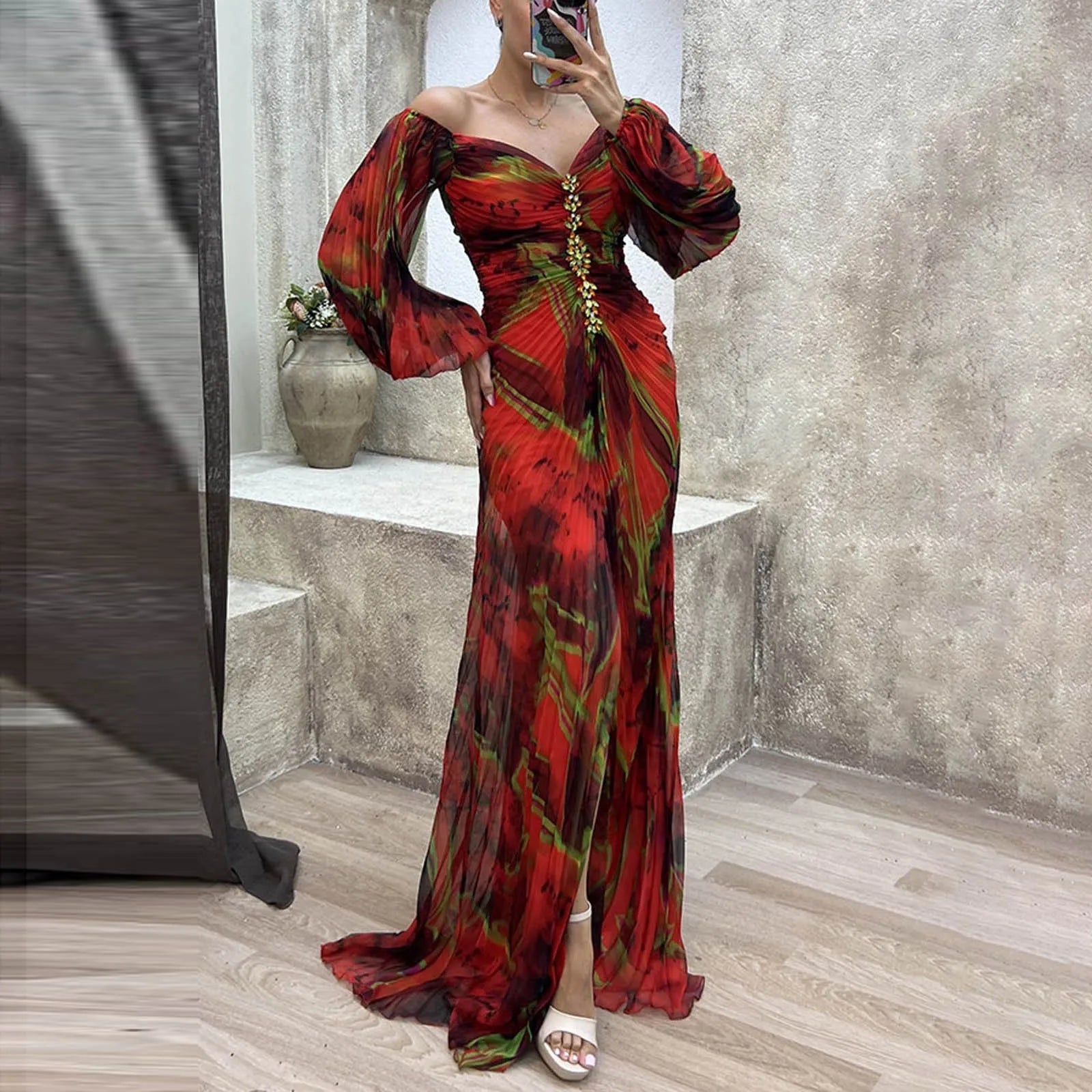 Printed Pleated Maxi Dress with Long Sleeves and Side Slit