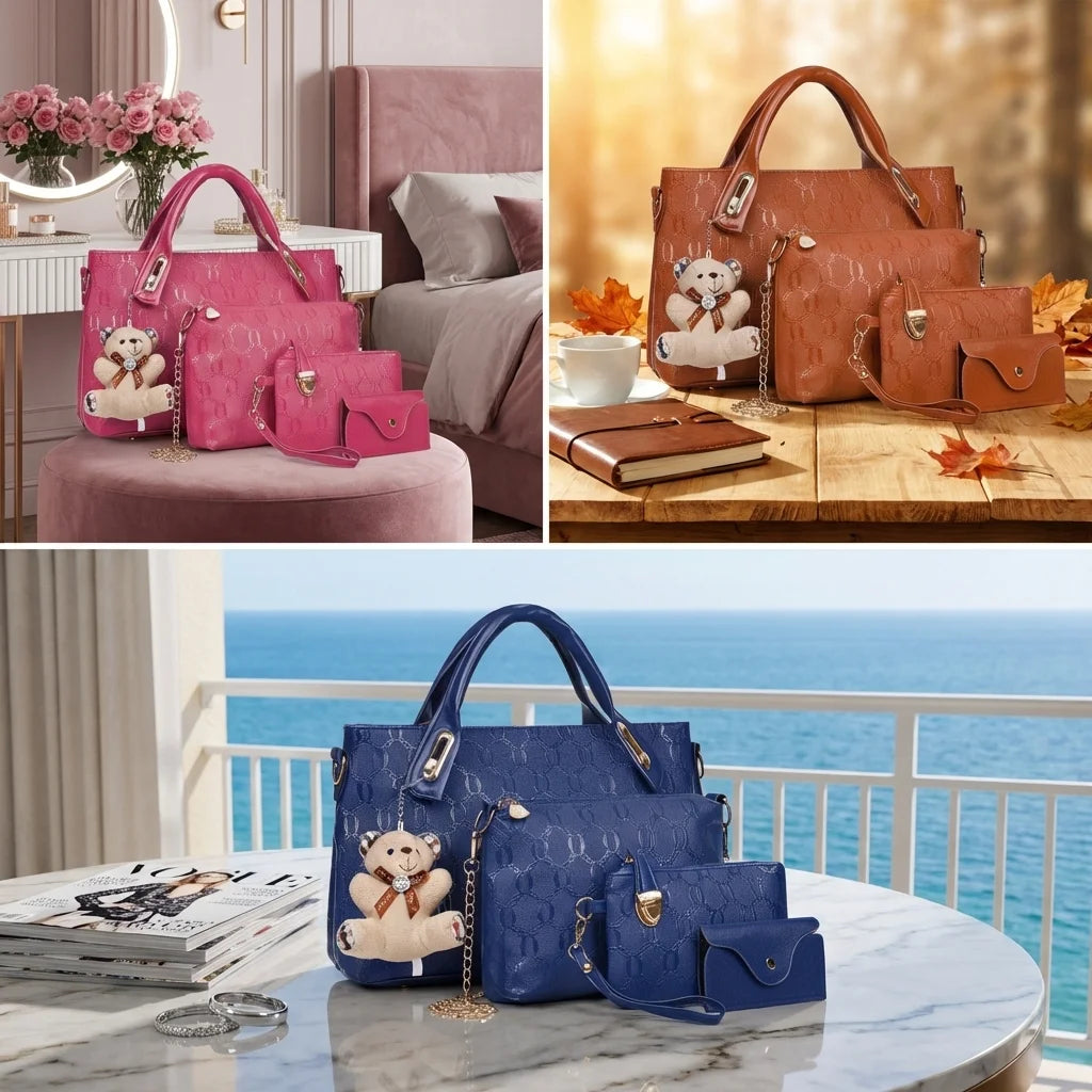 Embossed PU Leather Tote Bag Set with Crossbody Purse and Wallet