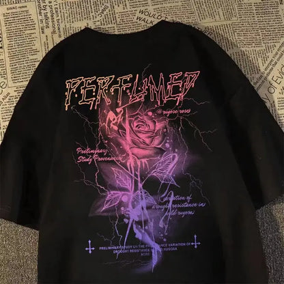 Rose Graphic Streetwear Cotton Blend T-Shirt With Edgy Urban Artwork