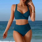 Black Ribbed-Look High-Waisted Two-Piece Bikini Set with Structured V-Neck Top and Wide Waistband