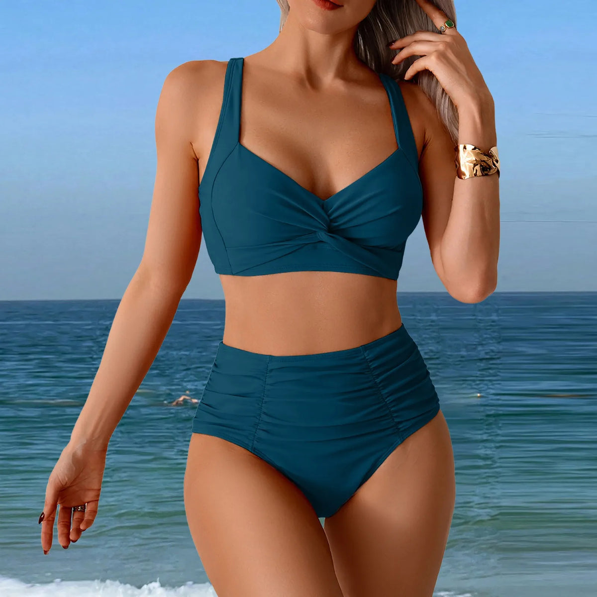 Black Ribbed-Look High-Waisted Two-Piece Bikini Set with Structured V-Neck Top and Wide Waistband