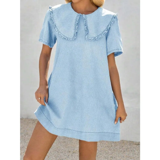 Oversized Collar Babydoll Mini Dress with Short Sleeves and Relaxed Fit