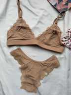 Minimalist Light Pink Wire-Free Lounge Bralette and Brief Set with Delicate Lace Edging