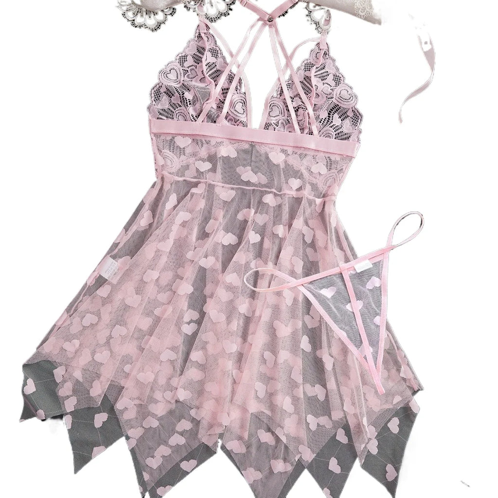 Grey and Pink Heart-Patterned Mesh Babydoll Set with Handkerchief Hem