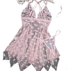 Grey and Pink Heart-Patterned Mesh Babydoll Set with Handkerchief Hem