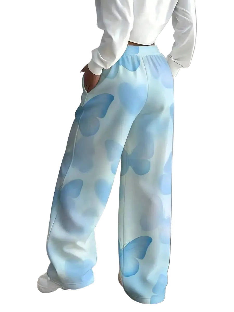 Butterfly Print Wide Leg Drawstring Sweatpants with Relaxed Streetwear Casual Fit
