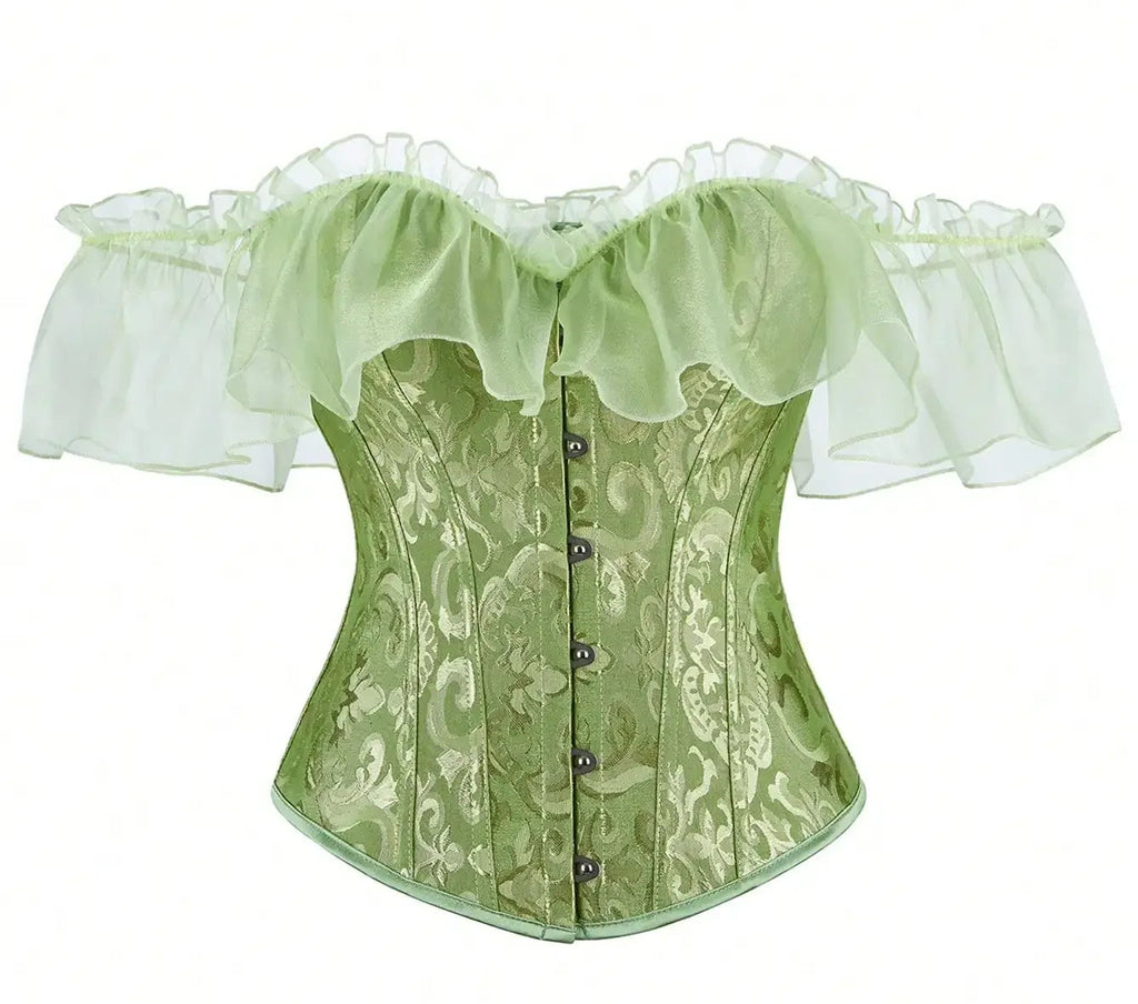 Off-Shoulder Floral Corset Top with Sheer Ruffle Sleeves and Structured Fit