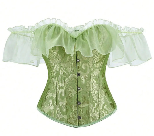 Off-Shoulder Floral Corset Top with Sheer Ruffle Sleeves and Structured Fit
