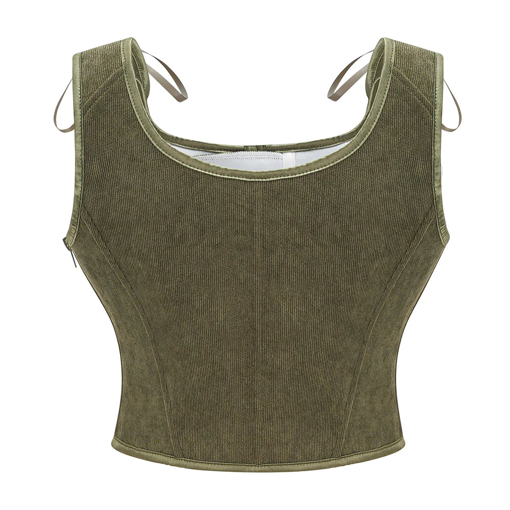 Vintage Lace-Up Corset Top with Shoulder Ties and Structured Panel Design
