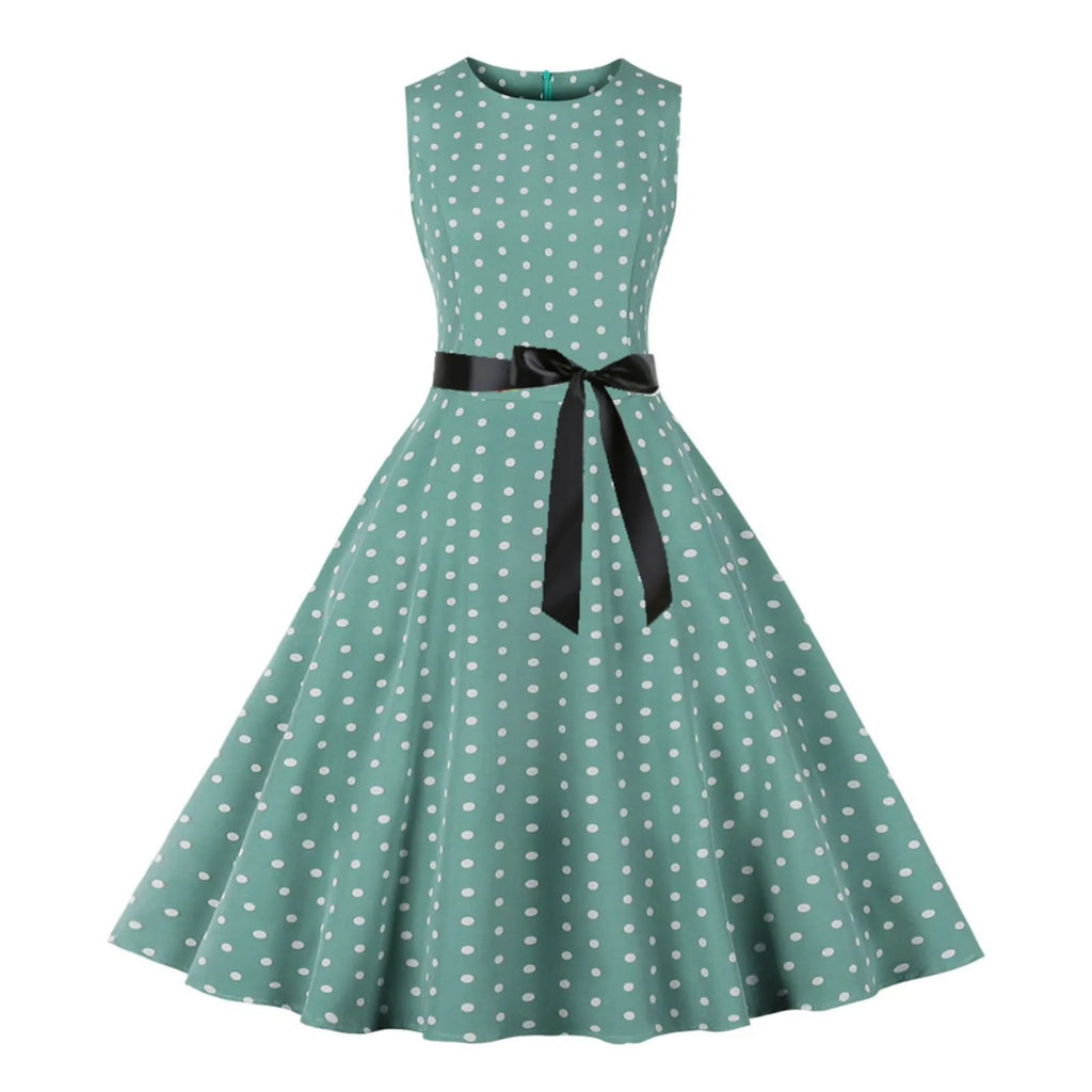Retro Red and White Polka Dot Swing Dress with Black Waist Tie