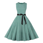 Retro Red and White Polka Dot Swing Dress with Black Waist Tie