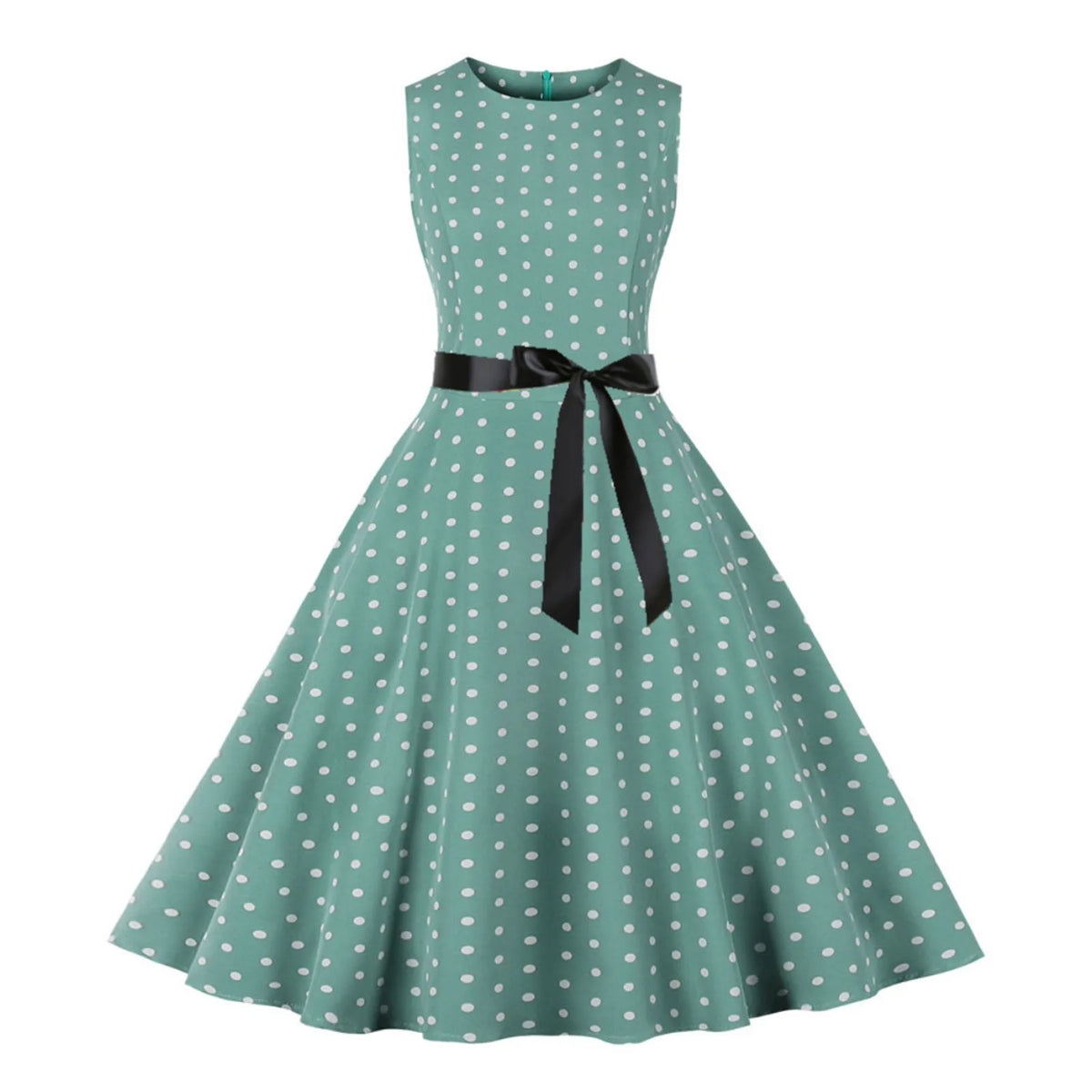 Retro Red and White Polka Dot Swing Dress with Black Waist Tie