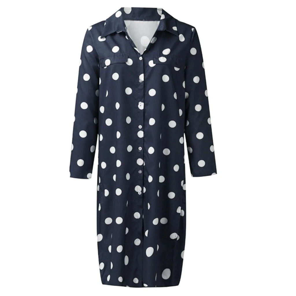 Button Front Polka Dot Maxi Shirt Dress with Belt and Side Split