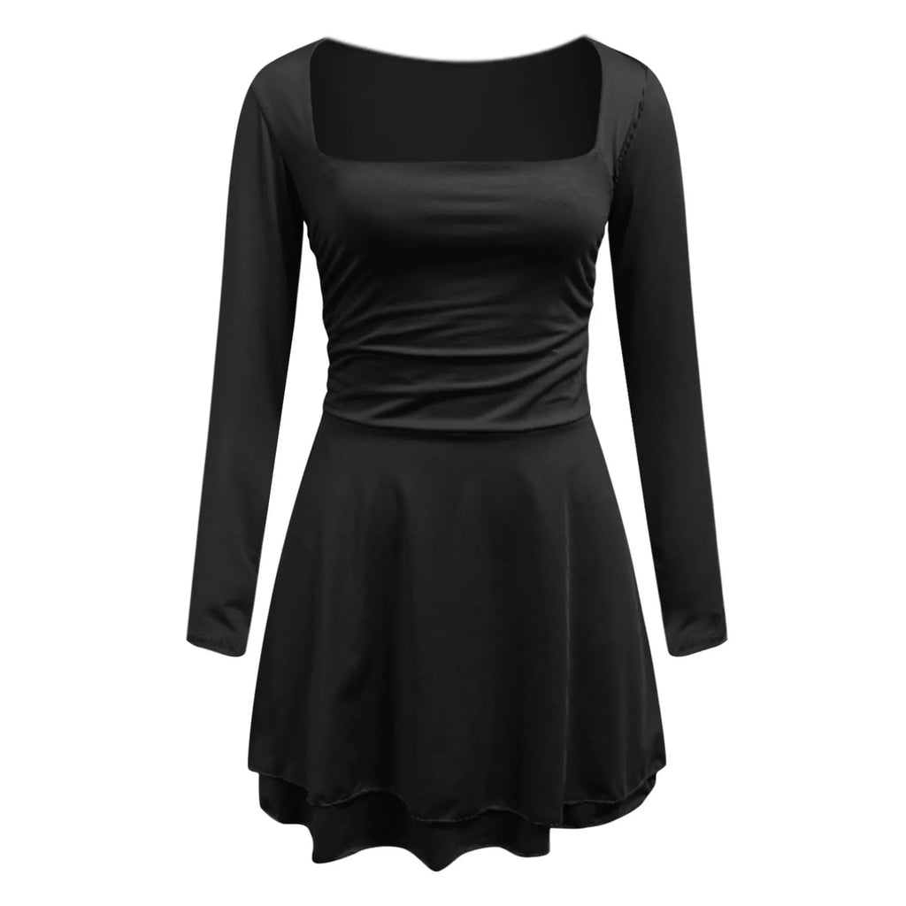 Square Neck Long Sleeve Mini Dress with Structured Waist and Ruffle Hem