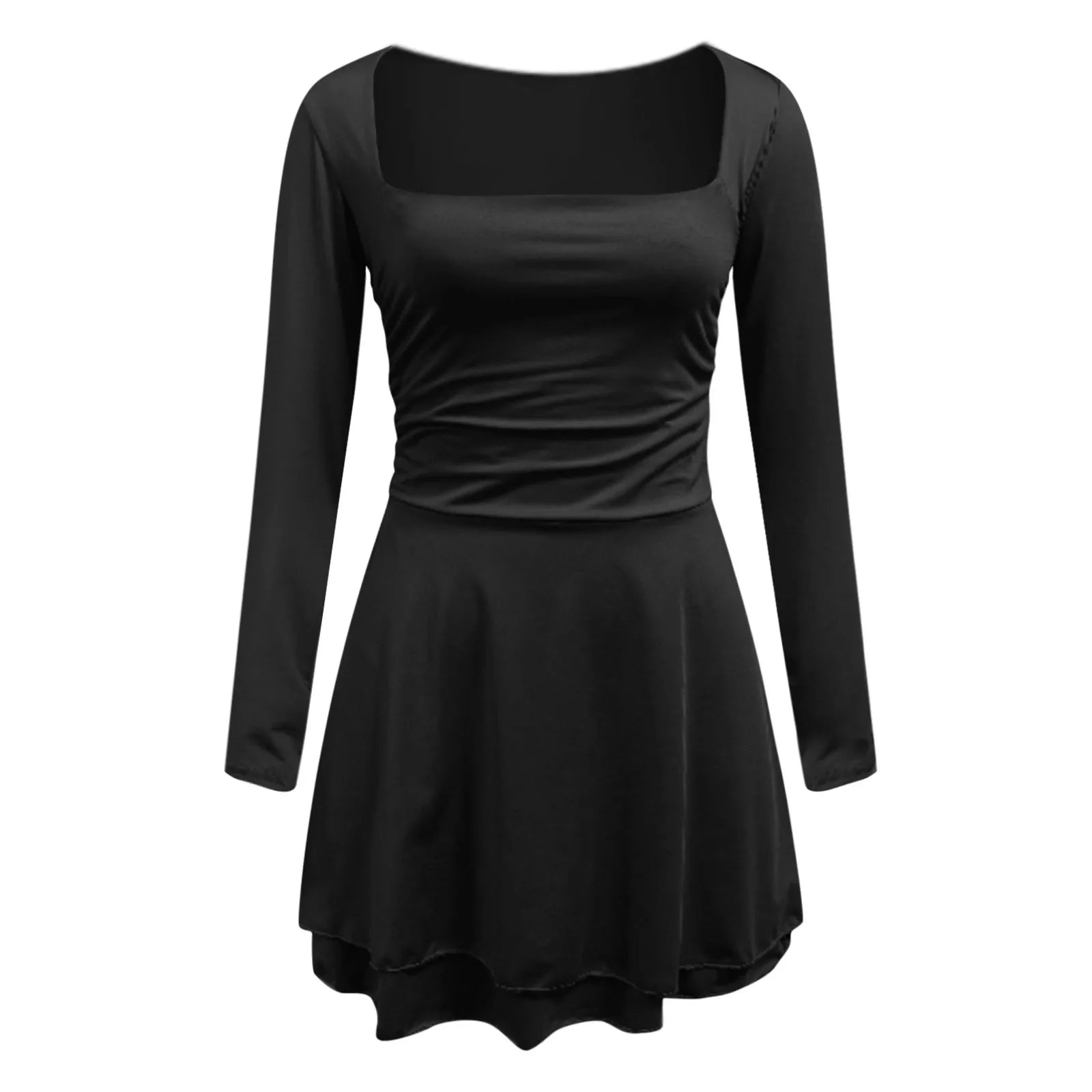 Square Neck Long Sleeve Mini Dress with Structured Waist and Ruffle Hem