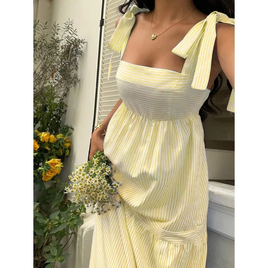 Square Neck Sleeveless Maxi Dress with Open Back and Tie Detail