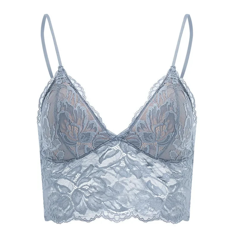 French Eyelash Lace Longline Triangle Bralette and Scalloped Low-Rise Hipster Panty Set