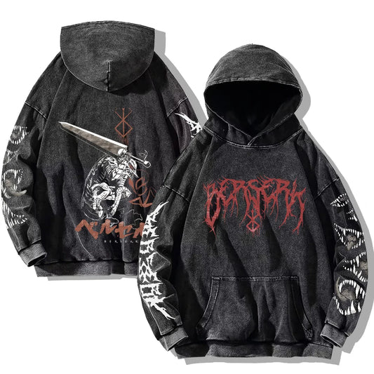 Oversized Manga-Inspired Gothic Streetwear Hoodie With Distressed Graphic Design