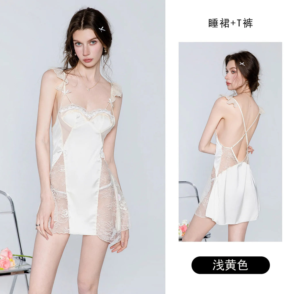 Ethereal Ivory Two-Piece Sleepwear Set with Lace-Paneled Chemise and Sheer Long-Sleeve Robe
