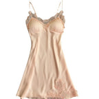 Elegant Smooth Knit Slip Dress with Lace Neckline and Removable Padding