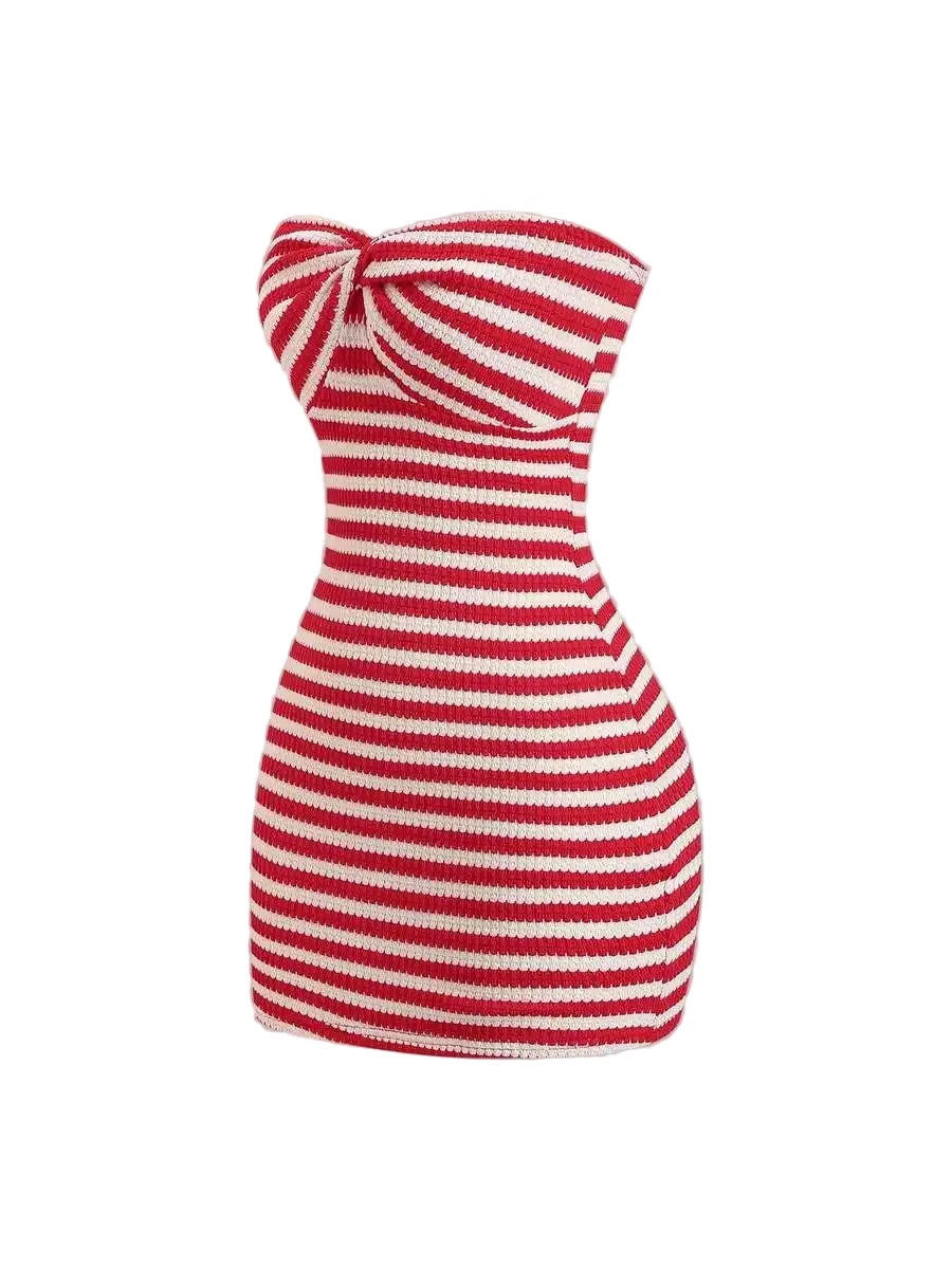 Striking Red and White Striped Strapless Bodycon Tube Dress