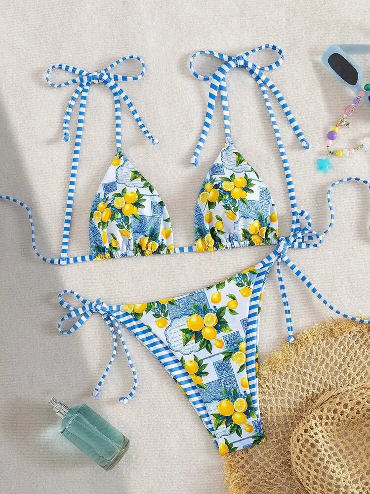 Playful Lemon and Stripe Mixed-Print Triangle Bikini Set
